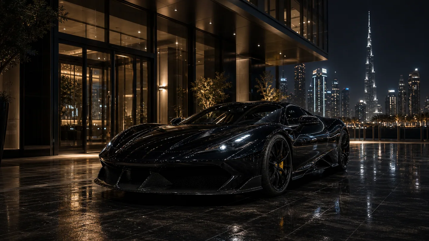 Black exotic supercar arriving outside a Dubai hotel at night