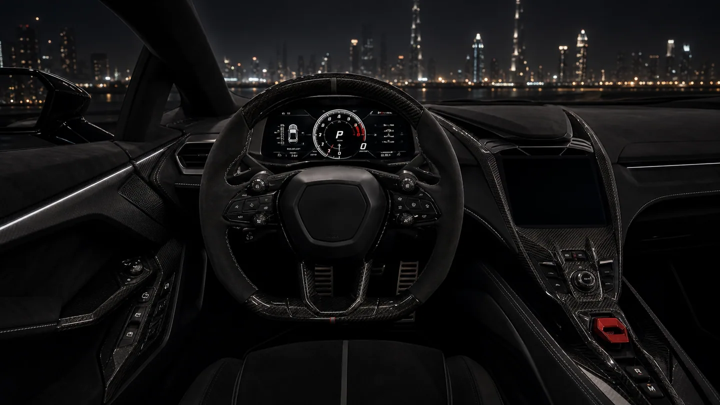 Modern exotic supercar cockpit at night